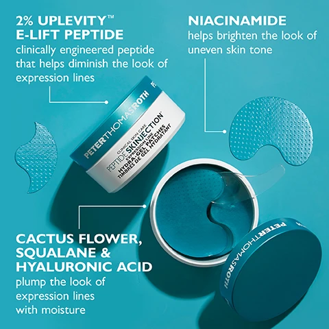 Image 1 - An image featuring a blue jar of Peter Thomas Roth skincare product with labels reading 2% Uplevity E-Lift Peptide, Niacinamide, and Cactus Flower, Squalane & Hyaluronic Acid, accompanied by a pair of hydrogel patches beside the jar on a bright blue background.
Image 2 - A woman with dark hair is applying facial patches on her face to target expression lines, with labels indicating Vertical Forehead Lines, Nose Scrunch Lines, and Crows Feet.
Image 3 - A jar of Peter Thomas Roth Peptide Skin Injection Hydra-Gel Patches is shown with turquoise gel visible inside, and accompanying text highlights benefits including lift, relax, and brighten + hydrate, explaining effects on expression lines and skin tone.
Image 4 - A close-up image of blue gel patches with a glossy finish, featuring text that highlights the innovative patch design, including details about new unique shapes targeting expression lines and a perforated texture for grip.
Image 5 - Image shows a side-by-side comparison of a womans face highlighting the eye area before and after using a skin product, with visible text stating CROWS FEET & VERTICAL LINES APPEAR REDUCED with 2% Uplevity™ E-Lift Peptide, BEFORE, and AFTER 1 USE*, along with a note that the photo is unretouched and individual results may vary.
Image 6 - A smiling woman with dark hair is wearing gray patches on her forehead and cheeks against a turquoise background, along with visible text that reads Lift + Relax Expression Lines Patches deliver a targeted dose of peptides for needle-free results.
Image 7 - An infographic displaying two patch shapes for targeted treatment on a teal background, with an illustration of a womans face showing patches for crows feet at the top and vertical lines and nose scrunch lines at the bottom, along with the text Two Patch Shapes for Targeted Treatment, Target Crow’s Feet, Target Vertical Lines, and Flip to Target Nose Scrunch Lines.
Image 8 - An illustration showing a hand pressing down on a jar with a plastic disc on top, accompanied by the text that reads KEEP PATCHES SATURATED & FRESH! Save plastic disc and firmly press down to reseal jar after each use.
Image 9 - A display of skincare products in jars labeled with their benefits such as firm, relax, de-puff, lift, brighten, smooth, and hydrate, against a white background with the text PICK YOUR PATCH prominently featured.