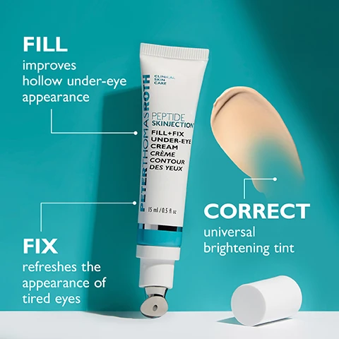 Image 1 - A tube of Peter Thomas Roth Peptide Skin технологии Fill+Fix Under-Eye Cream is shown with a portion of cream and text indicating FILL improves hollow under-eye appearance, FIX refreshes the appearance of tired eyes, and CORRECT universal brightening tint.
Image 10 - Image shows two tubes of eye treatment products side by side; the left one labeled Peter Thomas Roth Instant Firm Eye Temporary Eye Tightener with text indicating it provides instant tightener for under-eye bags and deep wrinkles, and long-term firmer benefits, while the right one is labeled Peptide 21 Eye Cream with text stating it offers instant brightener for dark circles and discoloration, and long-term filler for reducing the look of under-eye hollowness.
Image 2 - Close-up image of a persons eyes showing a comparison of dark circles and hollowness with labels indicating WITHOUT and WITH, accompanied by the text HOLLOWNESS & DARK CIRCLES APPEAR REDUCED.
Image 3 - A smiling woman holds a tube of product near her right eye, with text on a turquoise background that reads FILL + FIX UNDER-EYES Users agree this product is a great alternative to filler and invasive treatments.
Image 4 - A side-by-side comparison of two close-up views of a womans eyes, with the left labeled BEFORE showing visible fine lines and the right labeled IMMEDIATELY AFTER showing a smoother appearance, against a turquoise background with the text CLINICALLY PROVEN to improve the look of volume & fine lines* at the top and a footnote at the bottom indicating the study details.
Image 5 - A tube of Peter Thomas Roth Peptide Skin Care Peptide-Fix Under-Eye Cream on a gradient blue background, with visible text detailing key ingredients: 4% Peptilift, 3% Juveneye CLR, and Hyaluronic Acid Filling Spheres & Caffeine.
Image 6 - Image shows a side-by-side comparison of two close-up pictures of a persons eyes with the text EYE AREA APPEARS BRIGHTENED & REFRESHED* above and BEFORE under the left image and IMMEDIATELY AFTER† under the right image.
Image 7 - Image shows four close-up eye shots of different individuals with varying skin tones, showcasing a product called Universal Brightening Tint, which claims to blend onto all skin tones to help diffuse the look of dark circles, with the visible text stating UNIVERSAL BRIGHTENING TINT blends onto all skin tones to help diffuse the look of dark circles.
Image 8 - A skincare product with a cooling metal tip is shown; it has text stating it massages the delicate under-eye area, cools and calms the look of inflammation, and helps reduce the look of puffiness on contact.
Image 9 - Image shows two close-up photographs of eyes illustrating the effects of concealer application, with the left labeled Concealer Alone and the right labeled Peptide Skinjection™ Fill + Fix Under-Eye Cream Plus Concealer, accompanied by the text Users agreed concealer applied smoothly after application.
