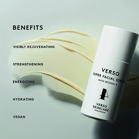 Image 1 - An image of a Verso Super Facial Serum bottle placed on a creamy product swatch, with benefits listed alongside: visibly rejuvenating, strengthening, energizing, hydrating, vegan.
Image 2 - Image shows a bottle of Verso Super Facial Serum with statistics highlighting user experiences, stating 81% experienced overall visibly improved skin texture, 81% experienced visibly rejuvenated skin, 80% experienced visibly strengthened skin, 78% experienced that visible fine lines looked smoother, and 83% would buy the product, along with a recommendation rate of 86%.