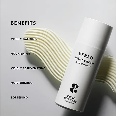 Image 1 - A white cylindrical bottle of Verso Night Cream with Retinol 8 is displayed on a light surface alongside a wavy, green decoration, and text reads BENEFITS, VISIBLY CALMING, NOURISHING, VISIBLY REJUVENATING, MOISTURIZING, SOFTENING.