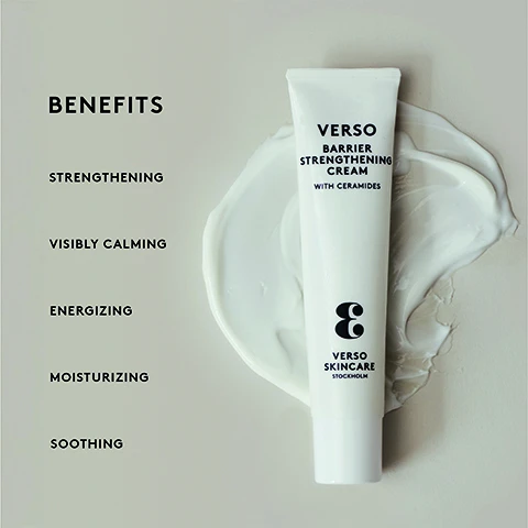 Image 1 - A tube of Verso Barrier Strengthening Cream with a creamy white texture spread beneath it, with the word BENEFITS and a list of benefits including strengthening, visibly calming, energizing, moisturizing, and soothing on the left side. Image 2 - Image of a tube of Verso Barrier Strengthening Cream with several labeled percentages indicating user experiences: 82% experienced hydrated skin, 89% experienced the product easily absorbed, 88% experienced the product pleasant on the skin, 84% experienced instantly moisturized skin, and 85% experienced softer and smoother skin, with a note regarding the clinical efficacy study.
