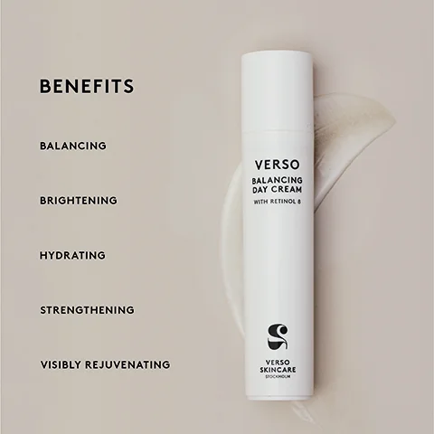Image 1 - Image of a white tube of Verso Balancing Day Cream with visible text on the left listing benefits: Balancing, Brightening, Hydrating, Strengthening, Visibly rejuvenating.