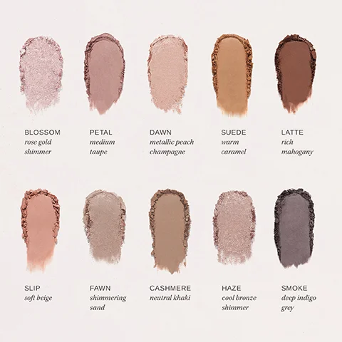 Image 1 - Image shows a grid of ten color swatches for makeup shades with descriptions; the colors are labeled as Blossom rose gold shimmer, Petal medium taupe, Dawn metallic peach champagne, Suede warm caramel, Latte rich mahogany, Slip soft beige, Fawn shimmering sand, Cashmere neutral khaki, Haze cool bronze shimmer, and Smoke deep indigo grey.