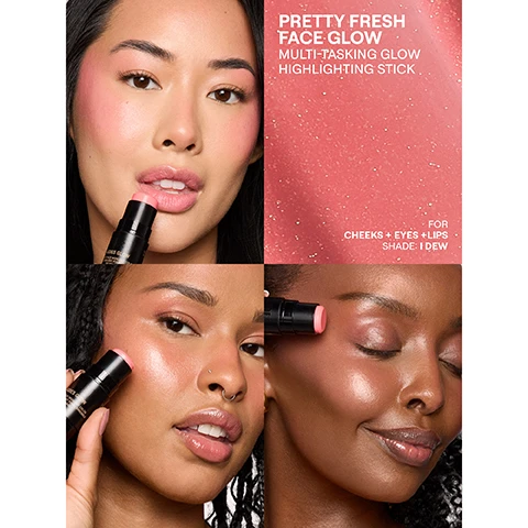 Image 1 - A collage featuring three models with glowing skin, applying a pink highlighting stick to their cheeks, with the text PRETTY FRESH FACE GLOW MULTI-TASKING GLOW HIGHLIGHTING STICK FOR CHEEKS + EYES + LIPS SHADE: 1 DEW on the right side.
Image 2 - Three women showcasing a beauty product on their cheeks, eyes, and lips, with visible text reading NUDE BEAUTY DONE BETTER For Cheeks + Eyes + Lips On The Go and MULTI-TASKING ALL OVER FACE HIGHLIGHT.
Image 3 - A person with a well-groomed beard and styled hair poses holding two tubes of blush against a neutral background, while visible text includes a quote from Kevin Kobori, makeup artist and educator, along with the Nudestix logo and the collaboration signature.
Image 4 - A woman with dark, curly hair applies a makeup stick to her cheek, with text labeling her eyes, nose, cheeks, and lips; the visible text reads Easy Stripe, Blend, Go Easy, Multi-Tasking Glow Highlight Stick To Go Monochromatic Makeup for Cheeks + Eyes + Lips.
Image 5 - Image showing three women applying different shades of nude blush on their cheeks from left to right: Nudies Matte Cream Blush, Nudies Bloom Blush, and Nudies Matte Lux Blush, along with a comparison chart of textures, finishes, and benefits for each blush type, with visible text detailing their features.
Image 6 - Image features stacked cylindrical containers with a gradient from light to dark, showcasing skincare benefits such as hydration, moisturizing, skin-brightening, and a high percentage of emollient-rich complex, with visible text: SKIN-LOVING MAKEUP THATS ALL YOU, LOCKS IN HYDRATION, MOISTURIZING & NATURAL ANTIOXIDANT, SKIN-BRIGHTENING, 55% EMOLLIENT-RICH COMPLEX, CLEAN VEGAN CRUELTY-FREE.
Image 7 - Image shows three NUDESTIX glow balm sticks with shades ranging from light to dark, placed beside text describing features like easy blending, long wear, and a clean high-performance glow. Visible text includes: NON-SLIP, HIGH-SHINE, GLOW BALM, EASY TO BLEND, LONG WEARING, NUDE GLOW GLAZE.
Image 8 - Image of a beauty product container with a removable brush and a travel mirror, featuring text that reads EASY, EFFORTLESS & ON-THE-GO and additional information about sustainability and the mirror being travel-friendly.
