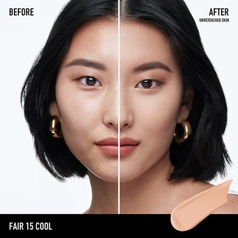 Image 1 - A woman with medium-length dark hair is shown in a before-and-after comparison; the left side demonstrates her unretouched skin, while the right side displays her skin with makeup, labeled BEFORE and AFTER UNRETOUCHED SKIN, with FAIR 15 COOL and a makeup swatch at the bottom.
Image 2 - A close-up of a womans face showcasing her smooth skin with a beige foundation swatch on her cheek, and text that reads 24HR MATTE WEAR + 24HR COMFORT, CLINICALLY PROVEN TO EVEN SKIN TONE IN 1 WEEK!
Image 3 - A close-up image of pomegranate seeds with a drop of liquid falling, featuring text that reads POMEGRANATE PEEL EXTRACT Helps brighten and even skin tone over time, BREATHABLE MINERAL PIGMENTS Smooth texture and evenly distribute light, and CYCLIC SILICONE-FREE FORMULA Provides 24HR wear.
Image 4 - A bottle of bareMinerals BAREPRO 24 HR Wear liquid foundation with a matte finish, featuring visible text that reads 24HR FULL MATTE COVERAGE, BREATHABLE, UNDETECTABLE, WEIGHTLESS FINISH, BROAD SPECTRUM MINERAL SPF 20, CLEAN, CYCLIC SILICONE-FREE EMULSION FOR 24HR LONGWEAR.
Image 5 - A grid of eight models showcasing different makeup shades for fair skin tones, labeled as Fair 05 Cool, Fair 10 Neutral, Fair 10 Warm, Fair 12 Cool, Fair 15 Neutral, Fair 15 Warm, and Fair 17 Neutral, with a bold title at the top reading FAIR.
Image 6 - A dark brown liquid foundation bottle labeled bareMinerals Barepro 24 HR Wear, featuring text that states infinitely recyclable glass bottle, 100% FSC-certified carton, and 100% upcycled pomegranate.