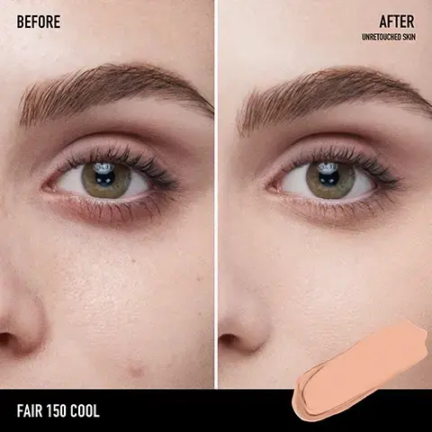 Image 1 - A side-by-side comparison of a persons face showing the before and after effects of a beauty product, with the left side displaying skin imperfections and the right side showing smooth, unretouched skin; below the images, there is a color swatch labeled Fair 150 Cool.
Image 2 - A tube of bareMinerals liquid concealer is surrounded by various shades of foundation in circular blobs on a white background, with text that reads 16HR Comfortable Matte Wear, Crease-, Transfer- and Sweat-Proof, Visibly Improves Skin Tone and Texture in Just 1 Week, and Broad-Spectrum Mineral SPF 25.
Image 3 - A tube of bareMinerals concealer with a doe-foot applicator is shown beside olive branches, and the visible text includes Niacinamide Improves texture and balances oil production, HYDROPONICALLY GROWN KALE SPROUTS Boost radiance, and UPCYCLED OLIVE FRUIT EXTRACT Reduces the appearance of fine lines and wrinkles.
Image 4 - A close-up comparison of a persons eyes showing the before and after effects of a skincare treatment for under-eye circles, with visible text stating CLINICALLY PROVEN and Corrects under-eye circles immediately and after one week*.
Image 5 - Close-up of a womans face showing natural makeup; visible text includes ONE DIP IS ALL YOU NEED, DOT Under eyes and imperfections with the ultra-comfortable doe foot, BLEND With the Shade & Diffuse Eye Brush or fingertips, and PRESS Finish by pressing in product with fingertips.
Image 6 - A makeup product with a flexible applicator, showing a large surface tip and text labels reading ULTRA-FLEXIBLE with Glides without tugging or dragging, and LARGE SURFACE with For effortless all-over application, along with PRECISELY APPLIES with For targeted spot concealing. Image 7 - Image shows a color chart for the BAREPRO 16HR All Over Skin-Perfecting Matte Concealer, featuring a grid of diverse models faces categorized by skin tone intensity and undertones labeled as Cool, Neutral, and Warm; visible text includes shade names like Fair 100 Cool, Light 200 Neutral, and Medium Deep 450 Cool, along with three steps for choosing the right shade.