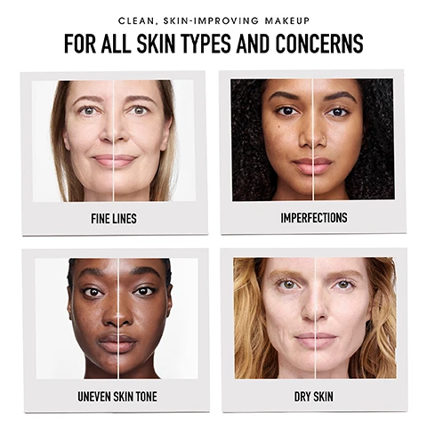 Image 1 - A collage of four images showing different faces with various skin concerns: a comparison of fine lines, imperfections, uneven skin tone, and dry skin, with the text CLEAN, SKIN-IMPROVING MAKEUP FOR ALL SKIN TYPES AND CONCERNS at the top.
Image 2 - A tube of bareMinerals Complexion Rescue Tinted Moisturizer is displayed with a swatch of the product next to it, along with text stating clinically proven, boosts skins hydration by 215% in just 1 week, provides 24-hour hydration, and 100% of people saw improvement in their skin texture in just 1 week.
Image 3 - Two transparent cups are being poured; one contains a light-colored liquid labeled COMPLEXION RESCUE® TINTED MOISTURIZER with a description stating it blends with skins natural moisture, while the other has a thicker liquid labeled COMPETITIVE TINTED MOISTURIZER that states it separates and becomes uneven.
Image 4 - Image shows three vertical panels with different skincare ingredients: the left features a droplet of water with bubbles, the middle has a branch of green olives, and the right displays a blue crystal; visible text reads helps replenish and boost skins moisture hyaluronic acid, quenches skin with all-day hydration olive-derived squalane, and helps protect from damaging UVA and UVB rays mineral-based sunscreen.
Image 5 - Image comparing mineral and chemical sunscreen, showing a diagram of skin layers; the left side details mineral sunscreen blocking sunlight, creating a barrier that reflects UVA and UVB rays, while the right side explains chemical sunscreen absorbs sunlight and penetrates the skin to absorb UVA and UVB rays.
Image 6 - Image showcases a range of individuals with various skin tones and undertones promoting Complexion Rescue Tinted Moisturizer with Hyaluronic Acid and Mineral SPF 30, with visible text labels indicating each shade and its description.