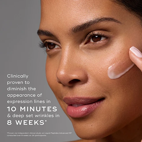 Image 1 - A close-up image of a woman applying a skincare product on her cheek, showcasing smooth skin, with the text that reads Clinically proven to diminish the appearance of expression lines in 10 MINUTES & deep set wrinkles in 8 WEEKS*.
Image 2 - A side-by-side comparison of two images showing skin on a forehead and around eyes, with the top images labeled Before and After 10 Minutes, highlighting visible improvements in skin texture and appearance.
Image 3 - Image shows two sets of skin close-ups comparing before and after treatment over eight weeks, with visible text labeling the images as BEFORE and AFTER 8 WEEKS.
Image 4 - A close-up image of molecular structures with visible text that reads 13 ACTIVE MOLECULES VEGAN GROWTH FACTOR MiniProtein™ Visibly improves the appearance of skin structure over time EXPRESSION LINE MiniProtein™ Relaxes & smooths dynamic expression lines 11 AGE-DEFYING PEPTIDES Smooths & restores texture.
Image 5 - An abstract image featuring circular elements and flowing curves, with bullet points stating: Visibly improves the appearance of skin structure over time, Mimics the function of natural growth factors, Activates TGF-Beta Receptor to maintain healthy skin function & regeneration, and a prominent brand name reading GROWTH FACTOR MiniProtein™.
Image 6 - A black bottle of Medik8 Liquid Peptides Advanced MP wrinkle reduction serum is displayed next to a syringe, with the text Perfect alone or complementary with injectables and 75% of surveyed neurotoxin users recommended for their wrinkles* included in the image.
Image 7 - Image of two skincare serums from Medik8 on a metallic background: the first bottle is a clear liquid peptide serum with a dropper labeled Liquid Peptides featuring benefits of line-smoothing prevention, key ingredients listed as 10 age-defying peptides including Matrixyl 3000, Multi Weight HA, and Copper Peptides, with results promising to smooth fine lines and wrinkles in 7 days; the second is a black bottle of Liquid Peptides Advanced MP with a pump, highlighting wrinkle reduction correction, containing 13 age-defying peptides including Matrixyl 3000, Multi Weight HA, Copper Peptides, plus Growth Factor MiniProtein™ and Expression Line MiniProtein™, and claiming results of improving lines in 10 minutes and reducing deep-set wrinkles in 8 weeks.
Image 8 - An infographic showing a skincare routine for morning and evening, featuring product labels for AM and PM with steps for cleansing, applying vitamin C, targeting treatments, using vitamin A, and moisturizing, along with expert advice to apply sunscreen daily for maximum age-defying results.