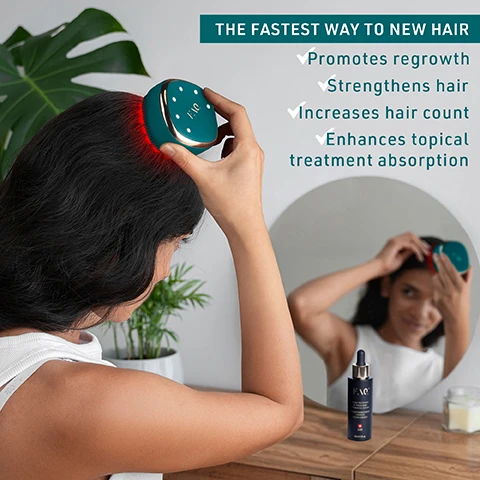 Image 1 - A person with long, wavy hair is using a hair treatment device on their scalp in front of a mirror, with a bottle of hair serum on a table, and text on the image promoting hair regrowth, strength, and topical absorption.
Image 2 - A split image showing a womans hairline before and after treatment, with the left side labeled BEFORE and the right side labeled AFTER, each featuring a dotted circle highlighting the hairline.
Image 3 - Four-step instructional graphic for a scalp treatment: top left shows a person applying serum with a dropper, top right illustrates a person turning on a device, bottom left depicts the device being adjusted, and bottom right features a person using the device on their scalp; visible text includes step numbers and instructions.
Image 4 - A bottle of FAQ Scalp Recovery & Thick Hair Probiotic Serum is placed next to a teal hair treatment brush on a pink and orange surface, with text that reads Use FAQ 301 with the FAQ Scalp Recovery & Thick Hair Probiotic Serum to enhance the treatment Sold separately.