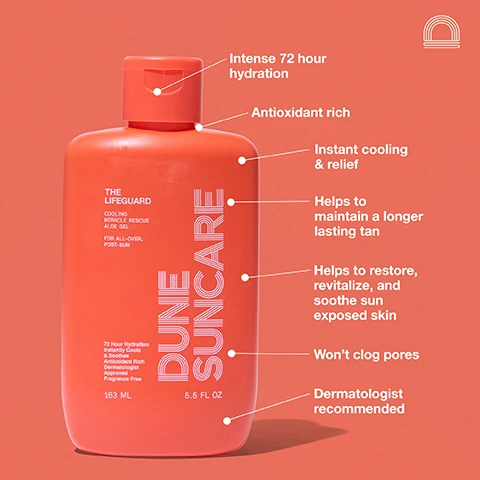 Image 2 - A bright orange bottle labeled DUNE SUNCARE THE LIFEGUARD COOLED ALOE GEL with visible text highlighting benefits like intense hydration, antioxidant-rich, cooling relief, tan maintenance, and dermatologist recommendations, set against a matching orange background.
Image 3 - An aqua-green gel is spread on a white background, with blue text highlighting its features: Instantly cools, repairs & hydrates upon contact, Antioxidant rich, Weightless minty gel for all over, A totally innovative formula from your standard sticky & drying post-sun aloe, Non-sticky & non-pilling, Absorbs & dries instantly.
Image 4 - A woman with a colorful headscarf and light blue eyeshadow gives a contemplative expression while holding up her hand, with the text THE LIFEGUARD COOLING MIRACLE RESCUE ALOE GEL and additional product benefits displayed, including Intense 72 hour hydration. Instant cooling & relief. Helps to maintain a longer lasting tan. Antioxidant rich.