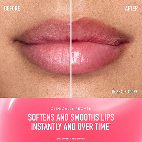 Image 1 - Image shows a close-up of lips presented in a before-and-after comparison, with the left side showing dry, slightly chapped lips labeled BEFORE, and the right side displaying fuller, glossier lips labeled AFTER with text IN SHADE ADORE underneath; additional text at the bottom reads CLINICALLY PROVEN SOFTENS AND SMOOTHS LIPS INSTANTLY AND OVER TIME*.
Image 2 - Image shows the close-up of two lips side by side, one with a glossy pink finish and the other with a glossy nude finish, along with a tube of bareMinerals Nourishing Lip Oil in the foreground and the text NOURISHING LIP OIL Adore at the bottom.
Image 3 - A close-up of a woman with curly hair and freckles applying a lip product, with text stating 100% agreed lips were immediately nourished and conditioned, 97% agreed lips look smoother, and 97% agreed it feels non-sticky.
Image 4 - A close-up of a dropper bottle of pink nourishing lip oil with a droplet of oil hanging from the applicator, accompanied by text that reads Amazing Glaze, Nourishing Lip Oil, and key benefits including high-impact shine, deep hydration, suitability for all skin tones, a botanical blend, and a featherlight feel.
Image 5 - Image shows three panels with different textures and ingredients: the left features golden drops of oil with the text nourishes for soft, supple lips hydrating botanical oil blend, the middle displays a blue agave leaf with the text protects, soothes and calms blue agave extract, and the right has a creamy white texture with the text moisturizes and conditions shea butter, all topped with the title botanically infused softness.
Image 6 - A close-up of a pink nourishing lip oil applicator with a drop of oil on top and text that reads Grooved applicator holds the perfect amount of oil, Tapered for tailored application, and Cocoon lips in cushiony color in one swipe.
Image 7 - Three arms show swatches of various cosmetic shades labeled as Shine, Delight, Charm, Adore, Flaunt, Indulge, and Spark.
Image 8 - A pink lip product from bareMinerals is centered among colorful, circular drops of liquid on a soft pink background, with text that reads BOTANICALLY INFUSED SOFTNESS, NOURISHES FOR SOFT, SUPPLE LIPS, PROTECTS, SOOTHES AND CALMS, and MOISTURIZES AND CONDITIONS.
Image 9 - An image of a pink cosmetic bottle with a gold cap on a light pink background, accompanied by the text FORMULA Facts and a checklist stating clean, vegan, hypoallergenic, dermatologist tested, suitable for all skin types and tones, and safe for sensitive skin.
Image 10 - Image depicts three lip products against a soft pink background, labeled as Nourishing Lip Oil, Lip Gloss-Balm, and Dewy Lip Gloss-Balm, with their descriptions: Nourishing Lip Oil - Botanical lip oil, High-impact shine; Lip Gloss-Balm - Lip gloss-and-balm hybrid, Comforting balm texture; Dewy Lip Gloss-Balm - Cushiony, solid gloss-balm, Ultra-sheer shine.