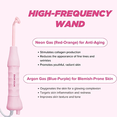 Image 1 - Image of a high-frequency wand in pink, labeled with information on neon gas for anti-aging and argon gas for blemish-prone skin, including benefits such as stimulating collagen production and improving skin texture.
Image 2 - Image shows a pink skincare device with four attachments labeled: Dot Point Attachment targets blemishes, Mushroom Shaped Attachment focuses on the broader areas of the face, Spoon Shaped Attachment is used for the contours of the face, and Comb Wand Attachment stimulates hair follicles for scalp health.