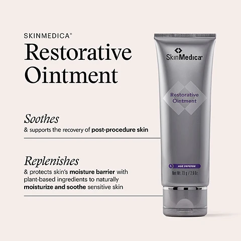 Image 1 - A metallic tube of SkinMedica Restorative Ointment with text describing its benefits: Soothes and supports the recovery of post-procedure skin; Replenishes and protects skin’s moisture barrier with plant-based ingredients to naturally moisturize and soothe sensitive skin.
Image 2 - A gray tube of SkinMedica Restorative Ointment is shown amidst transparent glass tubes of water, with text on the right highlighting features such as Comfort & Soothe, Multi-Purpose Formula, and Key Ingredients: Sunflower Seed Oil, Sunberry Fruit Juice, Green Algae.