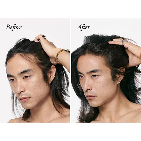 Image 1 - Image shows a split view of a man with long hair styled differently on each side, labeled Before on the left and After on the right. Visible text includes Before and After.
Image 2 - A purple bottle of Oribe Serene Scalp Densifying Treatment Spray is shown beside several bullet points listing its benefits including promoting fuller, thicker, healthier hair, energizing and balancing the scalp, reducing hair fall, and providing antioxidant protection against damage.
Image 3 - Image shows a comparison of a womans hairstyle before and after a styling process, with the word Before above the left image and After above the right image.
Image 4 - A side-by-side comparison of a woman with her hair in a ponytail, showing her profile before and after a transformation, with visible text labeling each side as Before and After.
Image 5 - A textured background with water droplets and three text sections detailing hair care ingredients: Capixyl™, Pea Sprout Extract, and Densifying Polymer with their respective benefits for hair.