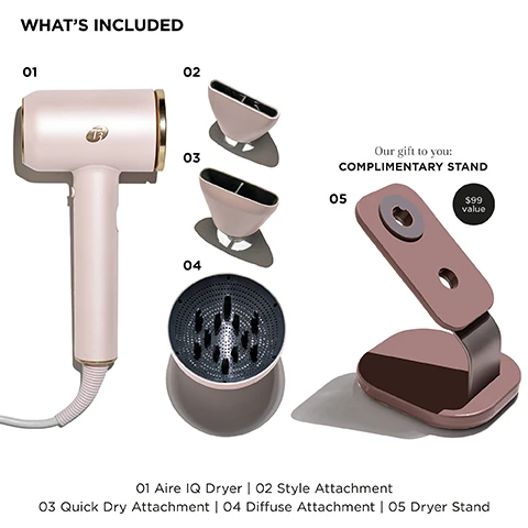 Image 1 - Image shows a hair dryer with three attachments and a stand, labeled as follows: 01 Aire IQ Dryer, 02 Style Attachment, 03 Quick Dry Attachment, 04 Diffuse Attachment, and 05 Dryer Stand, with the text Our gift to you: COMPLIMENTARY STAND $99 value.
Image 2 - Image of a hair dryer with a circular diffuser attachment on top and two other attachments displayed on the side, labeled as 01 Diffuse Attachment, 02 Style Attachment, and 03 Quick Dry Attachment, with the text SMART ATTACHMENT RECOGNITION auto-adjusts heat & speed settings based on your selected attachment.
Image 3 - A woman is shown in a split image with curly, voluminous hair on the left labeled BEFORE and smooth, wavy hair on the right labeled AFTER, with the word TEXTURE: Coarse in the bottom left corner.
Image 4 - A young woman with long, fine, wavy hair is shown in a side-by-side comparison; on the left, her hair is straight and frizzy labeled Before, and on the right, her hair is styled in smooth, voluminous waves labeled After. Visible text includes TEXTURE: Fine.
Image 5 - Image shows a side-by-side comparison of a woman with medium-textured blonde hair, with the left side labeled BEFORE showing her hair in loose waves and the right side labeled AFTER displaying her hair styled in defined curls. Visible text includes TEXTURE: Medium.
Image 6 - Image shows a side-by-side comparison of a woman with curly hair; on the left, her hair is voluminous and coarse labeled Before, and on the right, her hair is more defined and smooth labeled After, with visible text reading TEXTURE: Coarse.
Image 7 - An image showing three different hairstyles from the back: the first has fine straight brown hair, the second features medium wavy blonde hair, and the third displays coarse curly black hair, with text descriptions below each hairstyle indicating characteristics of fine, medium, and coarse hair textures.
Image 8 - A woman with long, wavy blonde hair is holding a pink hair dryer and smiling, with text that reads SOFTAIRE® TECHNOLOGY Features 40% more SoftAire® output, for quick drying that protects hair’s moisture.
Image 9 - Image of a hairdryer with a round display showing heat settings, accompanied by three attachments: a quick dry attachment, a style attachment, and a diffuse attachment, with text describing each attachments function.
Image 10 - A person holding a pink hair dryer with a digital display, featuring labels that read Airex Motor, Hi-Res Display, and Auto-Pause Sensor, which describe its features.
Image 11 - Image depicts a three-step guide for using a hairdryer for curly hair, with a woman demonstrating each step: STEP 01 shows her towel drying her hair, STEP 02 illustrates her holding a diffuser at the end of her hair while scrunching curls upward, and STEP 03 features her finishing with styling cream; visible text includes the titles of each step and INTELLIGENT AIRE BLOWOUT WITH AIRE IQ for Curly Hair.
Image 12 - A series of four images illustrating steps for using the Intelligent Aire Blowout with Aire IQ for straight hair, featuring a woman in a white shirt demonstrating each step. The steps include: STEP 01: Rough dry with quick dry attachment, STEP 02: Section and style with style attachment, STEP 03: Use a round brush to apply tension and roll out section, and STEP 04: Finish with styling spray.
Image 13 - A woman with long, wavy hair demonstrates a hair styling process across four images, using a hairdryer and a round brush, with visible text indicating the steps: STEP 01: Rough dry with quick dry attachment, STEP 02: Section and style with style attachment, STEP 03: Use a round brush to apply tension and roll out section, STEP 04: Finish with styling spray.