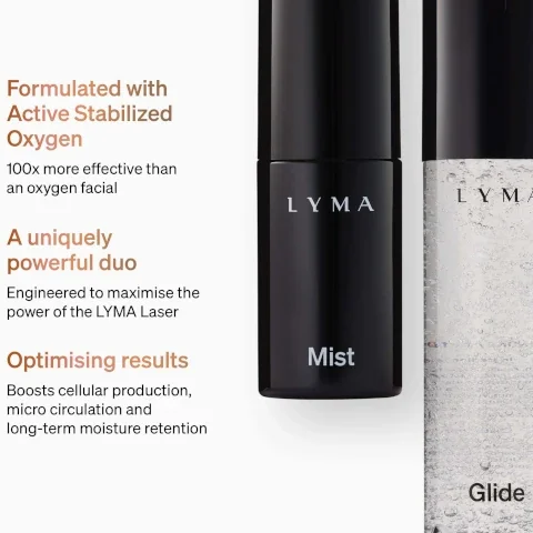 A black bottle labeled Mist and a clear bottle labeled Glide are shown with text describing the products, including Formulated with Active Stabilized Oxygen 100x more effective than an oxygen facial, A uniquely powerful duo Engineered to maximise the power of the LYMA Laser, and Optimising results Boosts cellular production, micro circulation and long-term moisture retention.