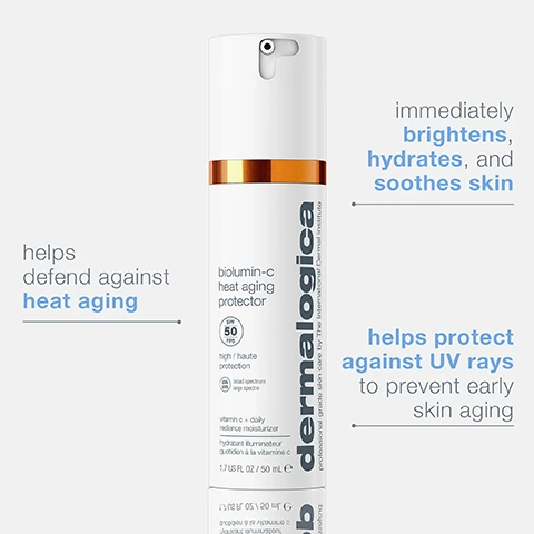 Image 1 - Image of a Dermalogica Biolumin-C Heat Aging Protector bottle with a white and gold design, featuring text that reads helps defend against heat aging, biolumin-C heat aging protector, SPF 50, high/haute protection, broad spectrum large spectre, vitamin C + daily radiance moisturizer, and helps protect against UV rays to prevent early skin aging.
Image 2 - An out-of-focus image of a hand holding a skincare product with an orange background, featuring text that explains heat aging, its causes including UV rays, high temperatures, and free radicals, and how it makes skin feel dull, dry, rough, and irritated.
Image 3 - A collection of five skincare products from Dermalogica, including a night restore serum, a vitamin C serum, an eye serum, a gel moisturizer, and a heat aging protector, with the text brighter, firmer, more radiant skin displayed above.