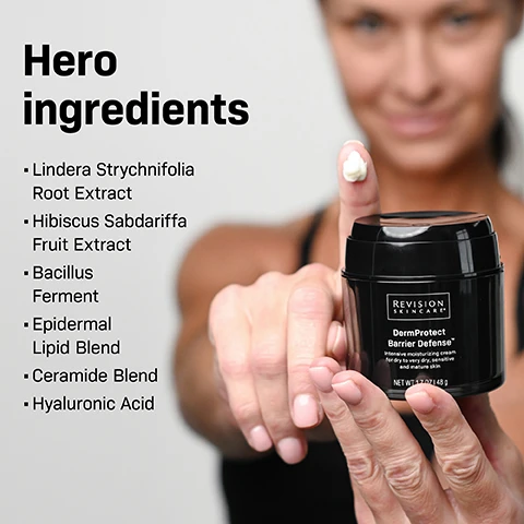 Image 1 - A person is holding a jar of Revision Skincare DermProtect Barrier Defense moisturizer with visible cream on their finger, alongside text listing hero ingredients including Lindera Strychnifolia Root Extract and Hibiscus Sabdariffa Fruit Extract.
Image 2 - A person with medium skin tone applies a cream to their cheek using their finger, with instructions on usage and jar operation visible in the image, including the text How to use and detailed application instructions.
Image 3 - A person holds a jar of DermProtect Barrier Defense moisturizer from Revision Skincare, which is shown with text highlighting its benefits such as soothing dry skin, repairing the skin barrier, and delivering long-term moisturization.
Image 4 - A black jar of Revision Skincare DermProtect Barrier Defense cream is centered on a light background with silk-like texture, surrounded by text highlighting product benefits and clinical study results stating 91% alleviated their dry skin, 86% reported skin feels soft, smooth, and nourished, and 82% improved the overall appearance of their skin.
Image 5 - A black jar of Revision Skincare DermProtect Barrier Defense cream is centered on a split background, with daytime and nighttime labels, featuring text that describes its functions for both day and night, optimizing skin barrier function and moisture retention.
Image 6 - Image shows a skincare product display with a title ELEVATE YOUR REGIMEN at the top, featuring various products labeled under CORRECT, MOISTURIZE, and PROTECT, including visible product names and their application times like AM/PM and PM.