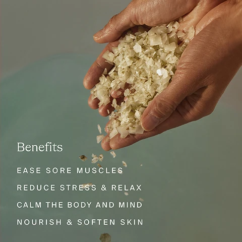 Image 1 - A person is pouring coarse bath salts from their hands, with visible text listing benefits: ease sore muscles, reduce stress & relax, calm the body and mind, nourish & soften skin.
Image 2 - An arm with magnesium flakes and key ingredients listed includes Pure Zechstein Magnesium Flakes, French Green Clay, Apple Cider Vinegar, Algae & Seaweed Extracts, and Essential Oils, with descriptions of their benefits.
Image 3 - A beige package labeled HIGHERDOSE contains information about a product called SEROTONIN SOAK, with statistics stating 97% feel relaxed while using it, 92% said their skin felt soft, and 94% said it helped ease sore muscles, with additional text noting it is based on a survey of 40 users.
Image 4 - A woman with wet hair leans forward in a bathtub, visibly relaxed, with text overlay that reads: De-Stress, Pull Out Impurities & Ease Sore Muscles Powered by Pure Zechstein Magnesium Flakes & Apple Cider Vinegar Moisturize, Mineralize & Nourish Powered by Algae, Seaweed Extracts, & French Green Clay.
