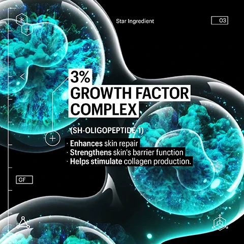 Image 1 - An image featuring vibrant, abstract representations of cells with blue and green hues, containing the text 3% GROWTH FACTOR COMPLEX, and bullet points stating Enhances skin repair, Strengthens skins barrier function, and Helps stimulate collagen production.
Image 2 - A collection of skincare products is seen, featuring a prominent review from a user named Charlene that states it is a gift for your skin and mentions it leaves skin soft and clean without stripping moisture, along with her five-star rating.
Image 3 - Image shows a comparison of a persons forehead and eyes at two different times, labeled DAY 01 at the bottom and DAY 56 at the top, with visible lines diminishing over time; background text reads CLINICALLY TESTED. PROVEN EFFICACY.
Image 4 - Image shows two close-up photos of an eye area, with the top image labeled DAY 01 showing a more pronounced appearance and the bottom image labeled DAY 32 showing a reduction in visible signs of aging; text at the top reads CLINICALLY TESTED. PROVEN EFFICACY.