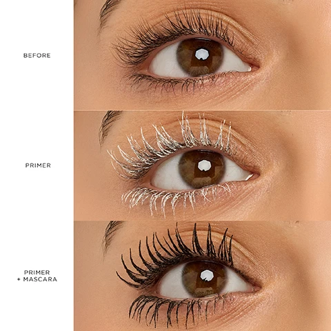 Image 1 - Image showing three close-up views of an eye with different eyelash treatments: the top shows natural lashes labeled Before, the middle displays lashes with white primer labeled Primer, and the bottom features lashes with black mascara applied over the primer labeled Primer + Mascara.
Image 2 - A close-up image of a womans face divided into two halves showing the difference in mascara performance; the left side displays clumpy, smudged mascara labeled COMPETITOR, while the right side shows clean, defined lashes labeled WITH TUBING PRIMER, with the text 100% agree mascara didnt smudge with our primer* at the top.
Image 3 - A woman with long dark hair holds a mascara tube in one hand and points to her eye, where one side shows clumped black mascara and the other side shows neatly separated white lashes, with the text removes tubing mascara with just warm water visible on the right.
Image 4 - Image features a grid of six close-up photos of eyes showcasing three different stages: before, with primer, and with primer plus mascara, highlighting variations in eyelash appearance across two different skin tones. Visible text includes BEFORE, PRIMER, and PRIMER + MASCARA.
Image 5 - An image promoting a product labeled 1ST-EVER TUBING PRIMER™, featuring three bullet points that describe its features: MICRO-TUBING TECHNOLOGY wraps each lash in protective tubes for maximum length, BOOSTS MASCARA PERFORMANCE & makes removal easier, and FINAL STEP top with any tarte™ mascara.
Image 6 - Close-up of a woman applying mascara, showcasing her green eyes and long lashes, with visible text stating 100% said lashes look longer, healthier & lifted and a note about a consumer panel study of 34 subjects.
Image 7 - An image showing a travel size and a full-size tube of Tartes tubing lash primer on a purple pedestal, with the texts TRAVEL SIZE and FULL SIZE displayed next to each product.
Image 8 - A white lash extension comb with conical bristles for coating lashes and a wavy design is displayed against a light gray background, with text reading 360° LASH EXTENSION COMB, CONICAL BRISTLES evenly coat lashes with lengthening tubes, and INSTANT DEFINITION combs & separates, no clumps.
Image 9 - Image of a tube of Tarte eyelash primer against a light background, with labels indicating benefits such as Ensures a smooth application with Japanese fruit wax, Moisturizes & conditions with shea butter, Moisturizes with hyaluronic acid, and Lengthens & volumizes with carnauba wax, along with the phrase YOUR LASHES PERSONAL TRAINER for longer, stronger-looking lashes.