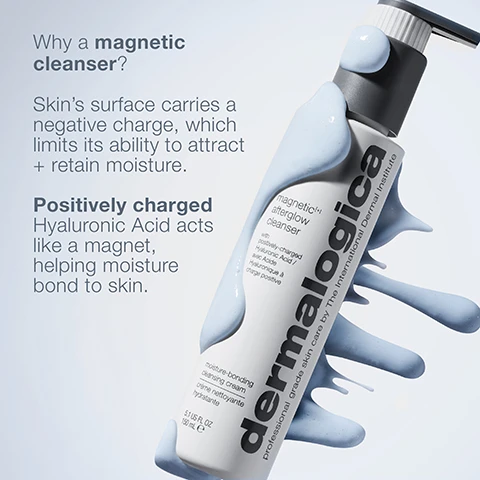 Image 1 - A bottle of Dermalogicas magnetic cleanser is shown with a blue swirl of product on the side, accompanied by text explaining the benefits of the cleanser and highlighting the positively charged Hyaluronic Acids role in moisture retention.
Image 2 - A bottle of Dermalogica magnetic afterglow cleanser with a pump top, featuring labels that read attracts moisture for long-lasting hydration and primes skin to help optimize your skincare routine.
Image 3 - A close-up image of a woman applying a creamy skincare product to her cheek, with text stating CLINICAL PROOF and statistics showing 92% felt their skin was better primed for the rest of their skin care routine and 95% said that their skin felt softer after cleansing.
Image 4 - Image shows a side-by-side comparison of a womans face with closed eyes, the left labeled before and the right labeled after, with text above stating CLINICAL PROOF 92% felt their skin was hydrated and nourished after cleansing* and a note at the bottom about the consumer perception study.
Image 5 - Image of two bottles of Dermalogicas magnetic anti-aging glow cleanser, with the smaller 5.1 oz bottle on the left labeled as a 4+ month supply with an estimated 125 uses, and the larger 10 oz jumbo bottle on the right labeled as an 8+ month supply with an estimated 246 uses.
Image 6 - A close-up image of a recyclable pump dispensing a creamy substance, with instructions indicating to unlock by twisting the white ring clockwise and to lock by twisting it counterclockwise, along with text stating the bottle and pump are fully recyclable and made with 75% recycled plastic.
Image 7 - Image of four skincare products arranged from left to right, labeled as precleanse, cleanse, treat, and moisturize, with the heading maximize results hydrate + plump routine.