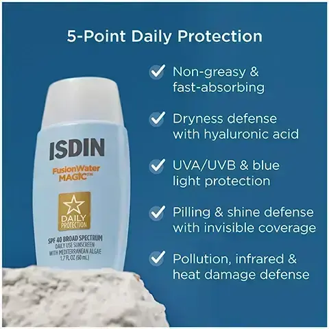 Image 1 - Image of a light blue bottle of ISDIN FusionWater MAGIC sunscreen, with a stone texture in the foreground and a background featuring checkmarks next to five points about the product: non-greasy and fast-absorbing, dryness defense with hyaluronic acid, UVA/UVB and blue light protection, pilling and shine defense with invisible coverage, and pollution, infrared, and heat damage defense. Image 2 - A light blue background features a bottle of ISDIN sunscreen with the top slightly tilted, and next to it are the statistics: 97% felt product leaves no greasy residue and has an ultralight texture, and 96% felt there is no white cast or pilling.. Image 4=3 - Image shows a light blue and white background with three bullet points listing skincare ingredients: Mediterranean Algae provides antioxidant action, Hyaluronic Acid deeply hydrates and retains moisture, and Vitamin E helps to neutralize free radicals. Image 4 - A blue bottle of ISDIN sunscreen labeled FusionWater MAGIC with the text 360° PROTECTION FROM sunburn, photoaging, blue light damage, free radical damage, heat damage, and pollution, and features a star icon with the words DAILY PROTECTION. Image 5 - A blue sunscreen bottle labeled ISDIN FusionWater MAGIC with a white cap, set against a light blue sky, features text highlighting key benefits: dermatologist tested, non-comedogenic, tested to not irritate eyes, and vegan. Image 6 - A woman with a light complexion applying sunscreen to her face with a blue sky background, alongside visible text that reads Apply liberally 15 minutes before sun exposure Reapply at least every 2 hours. Image 7 - protection seen on UV camera model shots Image 8 - An image of a light blue background featuring a bottle of ISDIN sunscreen with a small amount of product spilled out, accompanied by statistics showing user satisfaction: 100% felt the product leaves no greasy residue, 96% felt there is no white cast or pilling, 96% said it plays well under makeup, and 92% would recommend the product, with a footnote indicating data source and date.