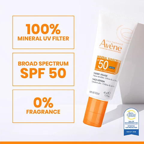 Image 1 - A tube of Avène mineral sunscreen with a white background displaying the labels: 100% MINERAL UV FILTER, BROAD SPECTRUM SPF 50, 0% FRAGRANCE, and details about its use for sensitive skin.
Image 2 - A creamy, nude-colored product swatch is displayed on a white background, with text indicating Lightweight Texture, Quickly Absorbs Into Skin, and Nude Tint.
Image 3 - Image showing a graphic titled Sunsitive Technology with circular images and descriptive text for three ingredients: Zinc Oxide with a description of UV protection, Tocopherol Acetate indicating antioxidant benefits from Vitamin E, and Bisabolol & Allantoin noting skin soothing properties.
Image 4 - Image of the Avène logo at the top followed by six icons indicating product features: a prohibited fragrance icon labeled FRAGRANCE-FREE, a prohibited soap icon labeled SOAP-FREE, a prohibited chemical icon labeled PARABEN-FREE, a prohibited flask icon labeled SULFATE-FREE, an alcohol-free icon with 0% ALCOHOL, and a prohibited beaker icon labeled SILICONE-FREE.
Image 5 - Image of a product ingredients list featuring an active ingredient section stating Zinc Oxide 12% and a lengthy list of inactive ingredients including various extracts and compounds.