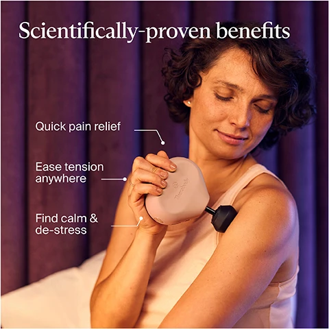 Image 1 - A woman with curly hair is using a handheld device on her shoulder, appearing relaxed; visible text includes Scientifically-proven benefits, Quick pain relief, Ease tension anywhere, and Find calm & de-stress.
Image 10 - A light green square image with the text Always backed by science Therabody products are scientifically validated to deliver the results you need. FDA-Registered and a logo for Therabody at the bottom.
Image 2 - A woman in a black athletic outfit is using a handheld massage device on her leg while sitting, with text on the image stating Smaller. Lighter. Just as effective. Comfortable percussive massage relieves aches, pains & tension anywhere life takes you.
Image 3 - A person is placing a compact, travel-friendly device into a dark bag, emphasizing its suitability for travel with a focus on its TSA compliance and travel lock feature, which prevents accidental activation. Visible text includes Travel-friendly design and Travel lock ensures device wont accidentally turn on during transit.
Image 4 - A woman using a handheld massage device on her thigh, wearing a white tank top and burgundy leggings, with text that says Easy-to-hold ergonomic design and Triangle design fits comfortably in the palm of your hand.
Image 5 - Image shows a close-up of a light brown massage device with a circular control button, indicating three massage intensity speeds, accompanied by the text Quick and easy 1-button control.
Image 6 - A person is holding a massage device with a smartphone displaying a user interface for the Coach by Therabody app, which shows personalized recovery routines and connections to various services; visible text includes Recover smarter with Coach by Therabody and Get personalized recovery routines based on your activity and goals with Coach by Therabody in the Therabody app.
Image 7 - A person with long, curly hair is seated and using a handheld massage device on their thigh, with a panel beside them displaying options labeled Dampener, Standard Ball, and Thumb for different muscle relief uses, along with descriptions for each attachment.
Image 8 - A comparison chart of Theragun devices showing three models: Prime, Sense, and Mini, with categories including massage type, intensity, speeds, routines, Bluetooth connectivity, app integration, included attachments, and battery life.
Image 9 - Image shows a layout of items included with the Theragun Mini, featuring a standard ball attachment, travel pouch, dampener attachment, thumb attachment, and USB-C charging cable, with the text Whats included at the top.
