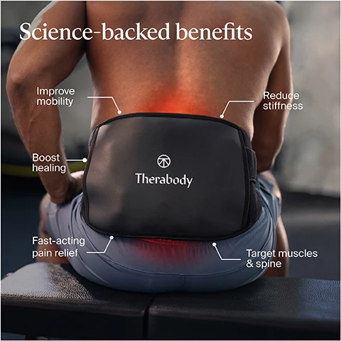 Image 1 - A person sitting on a bench is wearing a Therabody device on their lower back, with text surrounding the device that reads Science-backed benefits, Improve mobility, Reduce stiffness, Boost healing, Fast-acting pain relief, and Target muscles & spine.
Image 2 - A person is wearing a black device around their lower back that displays the text Therabody, with icons and text indicating Heat Therapy, Vibration Therapy, LED Therapy, and Far Infrared Therapy, along with the message 4 therapies in 1 for maximum benefits - Faster, more effective back pain relief - all in a single device.
Image 3 - A close-up image of a black therapeutic device displaying red LED lights along a curved surface, with text that reads Go deeper into muscles and joints LED and far infrared penetrate below the surface to speed up the bodys natural healing process.
Image 4 - A woman in workout attire is wearing a red-light therapy device on her lower back, while a man in sleeveless athletic wear has a similar device around his waist; the image includes the text Cordless, wearable design for convenient hands-free relief and Wear comfortably over or under clothing for relief no matter where you go.
Image 5 - A close-up view of a control panel on a therapy device featuring buttons for Power, LED Therapy, Heat (Low, Medium, High), and Vibration (Low, High, Wave) with accompanying text that reads Customizable treatments for your needs and Personalize your treatment with the built-in control panel. And find even more treatment settings in the Therabody app.
Image 6 - A person relaxing on a couch, wearing a green top and a black relief belt, with a peaceful expression; the image includes text that reads: Unlimited relief. Enjoy up to 180 minutes of uninterrupted relief on the go. Or, use plugged in for unlimited battery.
Image 7 - A woman in a black tank top uses a smartphone to customize a lower back relief treatment while seated on a treatment bench, with illuminated therapy equipment on her back and the text Easily control and customize treatments from your phone.
Image 8 - Image of a product illustration featuring three items: a ThermBack LED device with visible red lights, a black carrying case labeled Therabody, and a USB-C charging cable, with the text Whats included at the top.
Image 9 - A light blue square features the text Always backed by science, stating that Therabody products are scientifically validated to deliver the results you need, and includes the note FDA-registered along with the Therabody logo.
