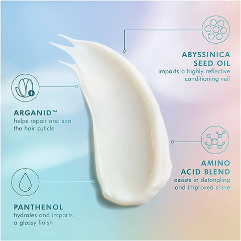 Image 1 - A white swirl of cream sits against a gradient background, surrounded by three labeled ingredients: Arganid™ helps repair and seal the hair cuticle, Abyssinica Seed Oil imparts a highly reflective conditioning veil, and Amino Acid Blend assists in detangling and improved shine, with Panthenol hydrating and imparting a glossy finish.
Image 2 - Image shows a comparison of hair styles, with the left side labeled BEFORE showing frizzy, wavy hair and the right side labeled AFTER displaying smooth, straight hair.
Image 3 - A tube of Moroccanoil High Shine Gloss Mask is displayed against a gradient background, with visible text stating that 95% agreed hair has a gloss-like finish and 96% said hair feels richly conditioned, along with a note at the bottom indicating the study was conducted in January 2023.
Image 4 - A woman with long, straight hair looks to the side while holding a tube of hair product, with text on the image stating 5 minutes to mirror-like shine, delivers intense shine, instantly increases softness, and protects against color fading.
Image 5 - Image shows two side-by-side photographs of a woman’s hair; the left side labeled BEFORE shows her hair frizzy and unstyled, while the right side labeled AFTER shows her hair smooth and straight.
Image 6 - Image of a pastel-colored background with instructions on how to use High Shine Gloss Mask, including four steps: step 1 involves rinsing hair after shampooing, step 2 instructs applying the gloss mask evenly, step 3 suggests leaving it on for 5 to 7 minutes, and step 4 advises rinsing thoroughly and styling as usual.