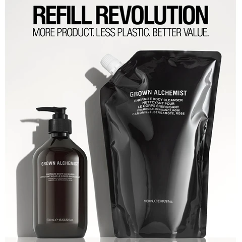 Image 1 - A black pump bottle and a refill pouch of Grown Alchemist Energize Body Cleanser, with text reading REFILL REVOLUTION MORE PRODUCT. LESS PLASTIC. BETTER VALUE. and product details in multiple languages.
Image 2 - An image shows a clear petri dish containing a gel-like substance with bubbles, alongside colorful circular segments labeled with descriptions, including plant-based cleansers and a fragrance blend of chamomile, bergamot, and rose, with visible text naming the ingredients and their benefits.