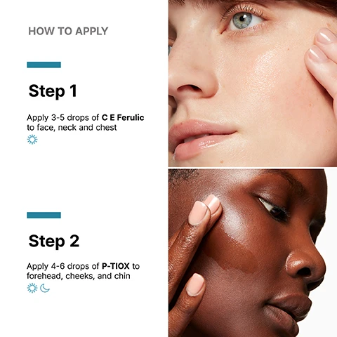 Image 1 - A four-panel image showing a light-skinned person applying product to a dewy cheek (top right) and a dark-skinned person doing the same (bottom right), with accompanying text instructions that read: HOW TO APPLY Step 1 Apply 3-5 drops of C E Ferulic to face, neck and chest (sun icon) Step 2 Apply 4-6 drops of P-TIOX to forehead, cheeks, and chin (sun and moon icons). Image 2 - A close-up shows a dropper applying a clear serum to a womans cheek, highlighted by a circle, with the text Provides advanced environmental protection. Image 3 - A SkinCeuticals CE Ferulic amber dropper bottle is shown with a dropper dispensing yellow serum into a glass dish, alongside text stating CLINICALLY PROVEN RESULTS: 37% Increased firmness, 27% Reduction in the appearance of fine lines, 36% Reduction in the appearance of wrinkles, and a protocol note: Protocol: 52-week clinical study on 50 female subjects ages 40-60 years old. Results at week 20 (USA, 2011). Image 4 - A close-up of a person with dark skin shows their eye and cheekbone, where a white circle highlights a radiant area, with a hand gently touching the upper cheek, and white text on the image reads Visibly reduces 9 types of expression lines and reveals glass skin radiance. Image 5 - A dark gray and silver bottle of SkinCeuticals serum with a dropper and clear liquid drops on a clear glass surface is accompanied by text that reads: PROVEN RESULTS, Visibly reduces 9 types of expression lines, Glass skin radiance in 1 week, Physician-tested to complement neurotoxin injections, P-TIOX WRINKLE-MODULATING PEPTIDE SERUM IMPROVES THE LOOK OF CONTRACTION LINES, TEXTURE AND RADIANCE, and Protocol: A 12-week, single center clinical study was conducted on 75 females with Fitzpatrick type I-VI, (50% of subjects with sensitive skin), ages 25-55 and mild to moderate wrinkles, fine lines, pore appearance, rough skin texture evaluated by dermatologist. Efficacy evaluations were conducted at baseline, week 1, week 2, week 4, week 8, and week 12.