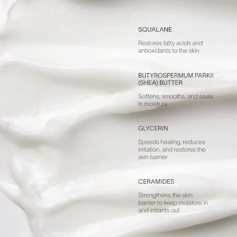 Image 1 - A close-up view of a creamy skincare product with a smooth texture, featuring visible text that lists key ingredients: SQUALANE - Restores fatty acids and antioxidants to the skin, BUTYROSPERMUM PARKII (SHEA BUTTER) - Softens, smooths, and seals in moisture, GLYCERIN - Speeds healing, reduces irritation, and restores the skin barrier, CERAMIDES - Strengthens the skin barrier to keep moisture in and irritants out.