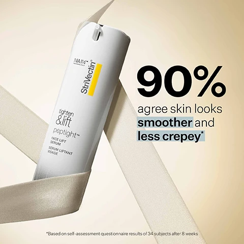 Image 1 - A white StriVectin tighten & lift peptight Face Lift Serum bottle with NIA 114 Technology and Sérum Liftant Visage text is displayed on a light beige background with a ribbon, accompanied by text reading 90% agree skin looks smoother and less crepey* and *Based on self-assessment questionnaire results of 34 subjects after 8 weeks. Image 2 - A product ingredient infographic displays red seaweed, dark leaves, and green fern fronds with clear liquid droplets on a white background, alongside the text BOTANICAL TENSORS: Red Seaweed and Mamaku Black Fern act as structural scaffolding for skin TETRAPEPTIDES: Provide matrix support to firm skin and smooth fine lines CHLOROGENIC ACID: Targets the breakdown of elastin for more sculpted-looking contours. Image 3 - A thick swatch of light-colored cream or lotion with visible ridges is shown on a light grey background, next to the text weightless, fast-absorbing texture. Image 4 - A close-up of a persons face with eyes closed, gently touching their cheek, with text that reads AFTER 1 WEEK menopausal skin feels firmer, looks more toned, and appears more youthful* *Based on Self-assessment questionnaire of 34 subjects. Image 5 - A white bottle dispenser pours a light-colored creamy product onto a reflective surface, accompanying text that states Clinically proven results on menopausal skin: 1 WEEK Improves skin elasticity* and the look of dark spots** 4 WEEKS Improves look of sagging** 8 WEEKS Improves skin firmness* *Based on instrumentation testing. **Based on expert grading evaluation of 34 subjects.