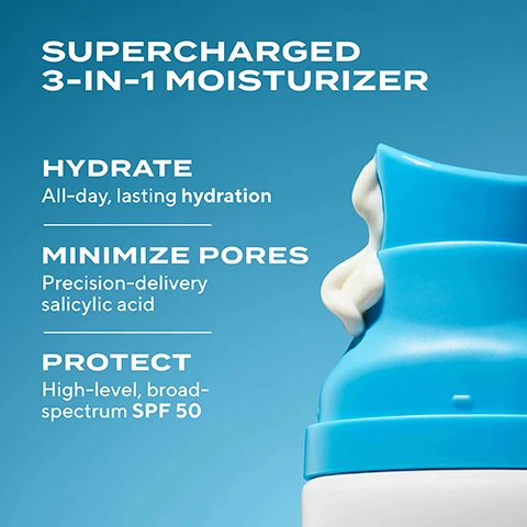 Image 2 - Image of a blue and white moisturizer bottle against a light blue background, with text highlighting benefits: Supercharged 3-in-1 Moisturizer, Hydrate with all-day lasting hydration, Minimize pores using precision-delivery salicylic acid, Protect with high-level broad-spectrum SPF 50.
Image 3 - A person with a beard is smiling while holding a tube of Murad moisturizer labeled with SPF 30, and the text on the right reads LIGHTWEIGHT FAST ABSORBING NO WHITE CAST.
Image 4 - A close-up of a smiling woman touching her cheek, showcasing healthy skin; visible text includes claims about a product: KEEPS SKIN matte + controls shine all day*, SMOOTHS skin texture + visibly minimizes pores, 100% AGREE Product does not leave a white cast*.
Image 5 - A close-up of a smooth, white cream swatch on a light blue background, with text highlighting benefits: Precision-Delivery Salicylic Acid, Oil-Trapping Microspheres, and SPF 50.
Image 6 - A blue background features two skincare products: a white tube labeled Oil + Pore Control Mattifier SPF 45 on the left with information about wood bark extracts and oil-trapping microspheres, and a white tube labeled Superactive Moisturizer SPF 50: Mattifying Oil + Pore Control on the right, highlighting precision-delivery salicylic acid and continuous all-day hydration, both with their SPF and PA ratings listed below.
Image 7 - An abstract close-up of a creamy, white substance with text overlay that reads lightweight, mattifying, finish.
Image 8 - Four women smile together while holding skincare products, with labels overlaid that read + SHES DEWY, + SHES GLOWY, + SHES RADIANT, and + SHES MATTE.
Image 9 - Four tubes of Murad superactive moisturizers are displayed, labeled as Environmental Shield (brightening), Hydration (hydrating), Resurgence (wrinkle-fighting), and a fourth for Oil + Pore Control, with colorful caps and visible text highlighting their benefits.