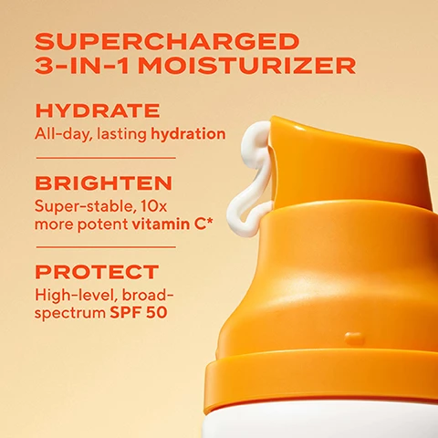 Image 2 - A close-up of a moisturizer bottle with an orange cap, featuring text that reads: SUPERCHARGED 3-IN-1 MOISTURIZER, HYDRATE All-day, lasting hydration, BRIGHTEN Super-stable, 10x more potent vitamin C*, PROTECT High-level, broad-spectrum SPF 50.
Image 3 - A smiling woman with dark hair holds a sunscreen product near her face against a blue sky, with the visible text reading LIGHTWEIGHT FAST ABSORBING NO WHITE CAST.
Image 4 - A smiling person with dark hair and brown skin is gently touching their face, with visible text stating 10x More potent vitamin C* BRIGHTER SKIN In just 1 use† IN 1 WEEK Skin looks more even-toned† IN 4 WEEKS Helps visibly fade dark spots†.
Image 5 - A creamy white product sample is shown against a peach background, with labels highlighting benefits: Super-Stable Vitamin C for brighter, more even-toned complexion, Lipid-Boosting Tech to replenish moisture, and SPF 50 to prevent premature aging from UVA/UVB damage.
Image 6 - An image showing two Murad skincare products on a light beige background: the left tube is labeled Essential-C Day Moisture SPF 30 with text highlighting Vitamin C, immediate hydration, and SPF 30 | PA+++, while the right tube is labeled Superactive Moisturizer SPF 50: Brightening with text stating it has super-stable, 10x more potent vitamin C, continuous all-day hydration, and SPF 50 | PA++++, with a red circle indicating NEW EVEN BETTER.
Image 7 - A close-up view of a smooth, white substance on a pale background with the text LIGHTWEIGHT, GLOWY FINISH above it.
Image 8 - Four smiling women of diverse backgrounds hold skincare products in their hands, with text overlays reading + SHES DEWY, + SHES GLOWY, + SHES RADIANT, and + SHES MATTE.
Image 9 - Image shows two skincare products from Murad, including a Rapid Dark Spot Correcting Serum and a Superactive Moisturizer SPF 50, with text detailing their benefits: the serum fades dark spots and evens skin tone, while the moisturizer brightens skin and prevents new spots from UV damage.
Image 10 - Image features four tubes of Murad Superactive Moisturizers arranged side by side, labeled Environmental Shield for Brightening, Hydration, Resurgence for Wrinkle-Fighting, and Oil + Pore Control, each with a different colored cap and their respective benefits highlighted below them.
Image 11 - Four skincare products from Murad are displayed on a light orange background, including Correct + Protect Serum SPF 45, City Skin Age Defense SPF 50, Multi-Vitamin Clear Coat SPF 50, and Superactive SPF Brightening Moisturizer SPF 50, with descriptive phrases for each product.