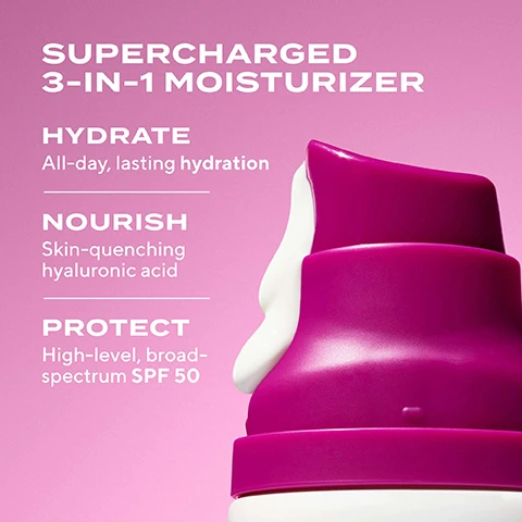 Image 2 - A close-up image of a moisturizer bottle with a pink background, featuring labels that read SUPERCHARGED 3-IN-1 MOISTURIZER, HYDRATE - All-day, lasting hydration, NOURISH - Skin-quenching hyaluronic acid, and PROTECT - High-level, broad-spectrum SPF 50.
Image 3 - A smiling woman with curly hair holds a product above her forehead, showcasing a radiant complexion, with the text LIGHTWEIGHT FAST ABSORBING NO WHITE CAST visible beside her.
Image 4 - A smiling woman with a light cream applied to her cheek is shown against a blue background, with text that reads FLOODS SKIN WITH DEEP, INTENSE HYDRATION INSTANTLY*, 100% AGREE, Product does not leave a white cast*, SKIN INSTANTLY, Feels plumper, bouncier, + more nourished*, and a note about a consumer perception study.
Image 5 - A creamy white skincare product is swiped on a light pink background, with text that reads Hyaluronic Acid Technology, Provides immediate and long-lasting, layers-deep hydration, SPF 50, Prevents premature aging from UVA/UVB damage.
Image 6 - Image of two skincare products by Murad on a pink background, with a Perfecting Day Cream SPF 30 on the left and a Superactive Moisturizer SPF 50 on the right; the visible text includes descriptions of both products and their SPF ratings, with a label on the right tube stating NEW EVEN BETTER.
Image 7 - A close-up of a smooth, white product swatch against a light pink background with the text LIGHTWEIGHT, DEMI-DEWY FINISH in bold purple letters.
Image 8 - A group of four diverse women are smiling and posing with skincare products, each holding a different tube; text labels on the image read + SHES DEWY, + SHES GLOWY, + SHES RADIANT, and + SHES MATTE.
Image 9 - Image shows a pink background with two skincare products: a purple serum bottle labeled Murad Cellular Hydration Repair Serum, and a white tube labeled Murad Superactive Moisturizer SPF 50 with the text about hydration and UV protection. Visible text includes LAYER UP AGAINST DRY, DEHYDRATED SKIN, Cellular Hydration Repair Serum, Continuous hydration + barrier repair, Superactive Moisturizer SPF 50: Hydrating, and Prevents UV-induced skin damage with SPF 50.
Image 10 - Four tubes of Murad superactive moisturizers are displayed, each labeled with their benefits: Environmental Shield for Brightening, Hydration, Resurgence for Wrinkle-Fighting, and Oil + Pore Control, all listing SPF 50 and various ingredients.