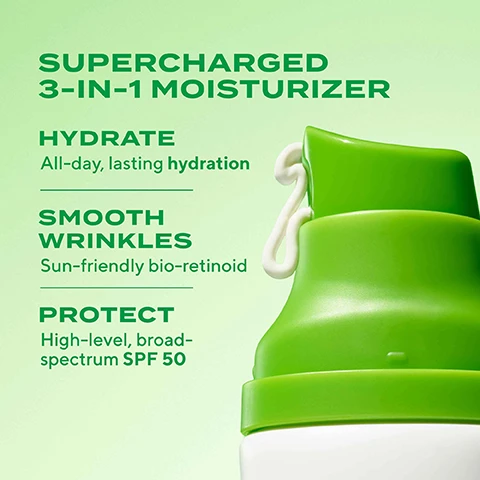 Image 2 - Image of a green and white bottle with a pump cap, labeled SUPERCHARGED 3-IN-1 MOISTURIZER along with three features: HYDRATE: All-day, lasting hydration, SMOOTH WRINKLES: Sun-friendly bio-retinoid, and PROTECT: High-level, broad-spectrum SPF 50.
Image 3 - A smiling woman with long hair holds a moisturizer bottle close to her face, showcasing a glowy complexion, with text displaying LIGHTWEIGHT, FAST ABSORBING, NO WHITE CAST.
Image 4 - A smiling woman with dark skin holds a skincare product near her face against a bright blue background, with text that reads VISIBLY FIRMS + SMOOTHS FINE LINES/WRINKLES 100% AGREE Product was non-irritating + did not cause redness* IN 1 WEEK Unveil radiant, lit-from-within skin*.
Image 5 - A creamy, white skincare product is spread on a light green background, with the text Sun-Friendly Bio-Retinoid Helps smooth wrinkles + rejuvenate for a more youthful complexion and SPF 50 Prevents premature aging from UVA/UVB damage positioned nearby.
Image 6 - Two skincare product tubes are displayed on a light green background; the left product is Murad Age-Balancing Moisture SPF 30 with descriptions of photoestrogens, hydration, nourishment, and SPF details, while the right product is Murad Superactive Moisturizer SPF 50 with notes about its bio-retinoid properties, hydration benefits, and wrinkle-fighting claims.
Image 7 - A close-up image of a light cream product against a green background, with visible text that reads lightweight, naturally dewy finish.
Image 8 - Four women with various hairstyles and skin tones are smiling and holding skincare products, featuring text labels that say + SHES DEWY, + SHES RADIANT, + SHES GLOWY, and + SHES MATTE.
Image 9 - Image shows two skincare products, the Retinol Youth Renewal Serum and Superactive Moisturizer SPF 50 from Murad, with a green background; visible text includes DONT JUST SMOOTH-OUT WRINKLES — PREVENT THEM, Retinol Youth Renewal Serum, Visibly reduces fine lines/wrinkles, Superactive Moisturizer SPF 50: Wrinkle-Fighting, and Prevents new wrinkles caused by UV damage with SPF 50.
Image 10 - Four tubes of Murad Superactive Moisturizer displayed in a row, labeled as Environmental Shield SPF 50: Brightening, Hydration SPF 50: Hydrating, Resurgence SPF 50: Wrinkle-Fighting, and Oil + Pore Control SPF 50, with colorful caps in orange, pink, green, and blue.