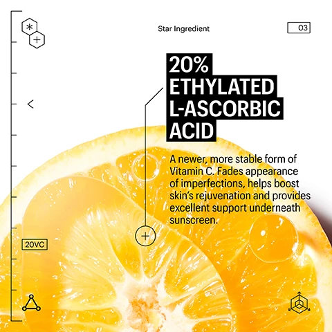 Image 1 - Image of a sliced lemon with the text 20% ETHYLATED L-ASCORBIC ACID and additional information: A newer, more stable form of Vitamin C. Fades appearance of imperfections, helps boost skins rejuvenation and provides excellent support underneath sunscreen.
Image 2 - Before and after images of a womans eyes showing improvement in wrinkles, with a header that reads CLINICALLY TESTED. PROVEN EFFICACY, and labels indicating DAY 01 and DAY 56 on each image.
Image 3 - An arrangement of skincare products shown at various angles, with a prominent quote stating A GIFT FOR YOUR SKIN alongside a testimonial from a user named Charlene, featuring a five-star rating, and additional text describing the cleansers effectiveness and usage.