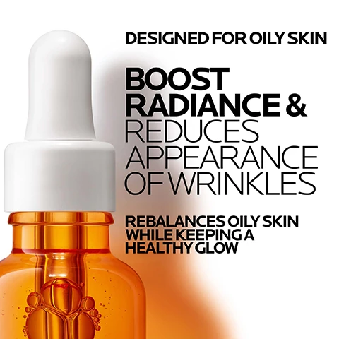 Image 1 - A close-up image of a dropper bottle containing an orange liquid with text that reads designed for oily skin, boost radiance and reduces appearance of wrinkles, rebalances oily skin while keeping a healthy glow.
Image 2 - An abstract, close-up image of a glowing, amber-colored sphere with a textured surface, accompanied by text that reads Innovative Technology, VITAMIN C GUARD, +12% PURE VITAMIN C, and EXCELLENT STABILITY & ANTIOXIDANT EFFICACY.
Image 3 - Two bottles of Vitamin C12 serums are displayed on a light background: one labeled Vitamin C12 Serum for normal and dry skin, and the other labeled Vitamin C12 Oil Control Serum for oily and combination skin, accompanied by text that reads VITAMIN C12 SERUMS BOOST RADIANCE & REDUCES WRINKLES.
Image 4 - Image shows two skincare ingredients with a textured orange sphere representing Vitamin C on the left, and a smooth blue sphere representing Salicylic Acid on the right, with text describing their properties below each image: Vitamin C - known for its antioxidant and anti-aging properties to help brighten skin; Salicylic Acid - known for its effective exfoliating properties to help clear and refine the appearance of pores.
Image 5 - Close-up of a womans face showing a clear skin serum with highlighted text that reads Vitamin C Guard: 12% Pure Vitamin C Salicylic Acid, Liquid clear texture Non-greasy & fast-absorbing, and Non-comedogenic serum.
Image 6 - A dropper bottle of La Roche-Posay Vitamin C12 Oil Control Serum is shown, with bold text stating REBALANCES OILY SKIN WHILE KEEPING A HEALTHY GLOW followed by +31% RADIANCE, 82% SAW APPEARANCE OF WRINKLES REDUCED, and 98% AGREE SKIN FEELS SMOOTHER.
Image 7 - A bottle of La Roche-Posay Vitamin C12 Oil Control Serum is displayed with a light-colored background showing various skin tones, and the text reads Vitamin C12 Oil Control Serum and Tested on All Skin Tones.
Image 8 - A hand is positioned above a dropper bottle of La Roche-Posay Vitamin C12 Oil Control Serum, with the visible text reading APPLY 3-4 DROPS IN THE MORNING AFTER CLEANSING.
Image 9 - Image of the La Roche-Posay logo at the top, with four icons below representing dermatologist-tested, allergy-tested, paraben-free, and non-comedogenic features, followed by the text La Roche-Posay Laboratoire Dermatologique.