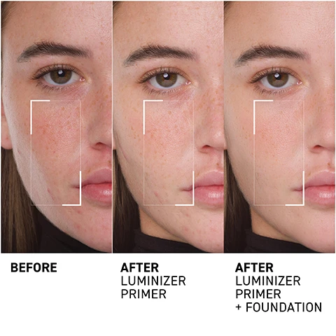 Image 1 - Image shows three side-by-side portraits of a woman demonstrating skin appearance before and after using a luminizer primer, as well as after applying both the luminizer primer and foundation; visible text includes BEFORE, AFTER LUMINIZER PRIMER, and AFTER LUMINIZER PRIMER + FOUNDATION.
Image 2 - A smiling woman in a white robe holds a skincare tube while standing behind a glass shelf, with the text stating that 97% reported the product provides a natural glow immediately after application and a note about a self-assessment test conducted on 30 volunteers.
Image 3 - A light beige cream is spread on a clear dish, with arrows indicating two text sections that read OPTICAL DIFFUSERS AND ILLUMINATING POWDERS absorbs excess oil, mattifies and illuminates the skin and LENTIL SEED EXTRACT helps to reinforce collagen, for a more even and radiant skin.
Image 4 - A tube of Dr. Brandt Luminizer Primer is displayed against a soft, gradient background, with visible text that reads LUMINIZER PRIMER BASE LUMIERE and icons indicating it is synthetic fragrance-free, paraben-free, cruelty-free, and sulfate-free.
