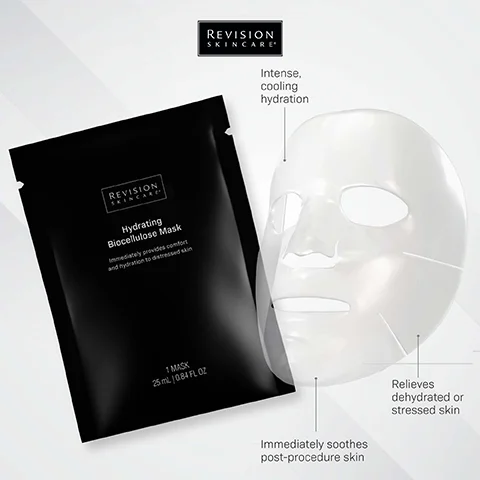 Image 1 - A black package labeled Revision Skincare Hydrating Biocellulose Mask is shown next to a translucent face mask, with text indicating the product provides intense, cooling hydration, immediately soothes post-procedure skin, and relieves dehydrated or stressed skin.