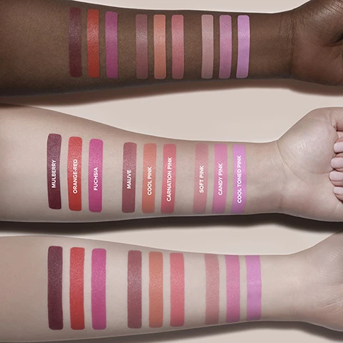 Image 1 - Three arms with different skin tones display ten shades of lipstick swatches from dark berry to light pink, including shades labeled MULBERRY, ORANGE-RED, FUCHSIA, MAUVE, COOL PINK, CARNATION PINK, SOFT PINK, CANDY PINK, COOL TONED PINK. Image 2 - A stack of three Anastasia Beverly Hills compacts, each containing three shades of cream blush, displayed alongside text points describing the product: SILKY, HIGH-PIGMENT CREAM BLUSH WITH A BLURRED MATTE FINISH, GEL-LIKE TEXTURE BLENDS + BUILDS FOR A FLAWLESS, NATURAL LOOK, MULTI-PURPOSE FOR CUSTOMIZABLE COLOR ON THE CHEEKS + LIPS. Image 3 - Three creamy makeup swatches in pink, peach, and mauve are shown alongside text that reads SILKY, GEL-LIKE TEXTURE ✓ Buildable intensity for soft color to high-impact ✓ Non-greasy, non-drying texture instantly grips ✓ Blends + builds with no harsh lines or patchiness. Image 4 - A person applies pink blush to their cheek with a brush with text that says Tap off excess product on the back of your hand before applying Apply desired shade or layer 2-3 shades together for a custom blush look. Image 5 - Swatches of pink red burgundy and nude makeup in a circular pattern with the text ANTI-OXIDANTS FOR A YOUTHFUL GLOW Pomegranate Oil SOFT-FOCUS EFFECT Spherical Powders. Image 6 - The image shows customizable color options for cheeks and lips, pairing Magic Touch Blush Trios with Lip Liners, featuring blush trio shades Berry/Rose, Peach, and Pink, and lip liner shades Raisin, Cherry, Cranberry, Blackberry, Peach Amber, Cool Brown, Parchment, Rosewood, Muted Mauve, Sun Baked, Rose Dream, Caramel. Image 7 - Image showing a comparison of two blush products, with text describing features for MAGIC TOUCH BLUSH TRIO FORMULA TYPE Cream-to-Powder COVERAGE Medium to full FINISH Blurring Natural-Matte BENEFITS Blurs long-lasting anti-oxidants IDEAL FOR Natural to bold makeup HIGHLIGHTED INGREDIENTS Pomegranate Oil Spherical Powder and BLURRING SERUM BLUSH FORMULA TYPE Liquid COVERAGE Medium FINISH Soft-Matte BENEFITS Hydrates blurs serum-enriched IDEAL FOR Natural to glam makeup HIGHLIGHTED INGREDIENTS Niacinamide Pomegranate Peels Extract. Image 8 - A makeup compatibility chart titled FAIR TO LIGHT with columns for IMPECCABLE FOUNDATION, LUMINOUS FOUNDATION, BEAUTY BALM, MAGIC TOUCH CONCEALER, SMOOTH BLUR CONTOUR, SMOOTH BLUR BRONZER, and MAGIC TOUCH BLUSH TRIO. Image 9 - The image titled YOUR SKIN ROUTINE displays four beauty products illustrating steps: PROTECT Hydra Prime SPF 50, PERFECT Impeccable Foundation, GLOW Magic Touch Blush Trio, and FINISH Lip Gloss.