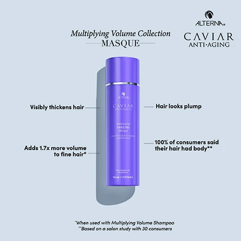 Image 1 - A purple bottle of Alterna Caviar Anti-Aging Multiplying Volume Masque is displayed alongside text marketing its benefits including Visibly thickens hair, Adds 1.7x more volume to fine hair*, Hair looks plump, 100% of consumers said their hair had body**, with footnotes *When used with Multiplying Volume Shampoo and **Based on a salon study with 30 consumers. Image 2 - Image shows a swirl of white hair masque cream with text Alterna Caviar Anti-Aging Multiplying Volume Collection Masque Cationic Bodifying Technology Known to add body and volume while nourishing the hair Rice Protein Commonly known to boost strength enhance hair elasticity and promote hydration Organic Flaxseed Oil Commonly used to strengthen hair boost elasticity enhance shine and protect against damage Anti-Static Detangling Technology Known to detangle reduce static improve manageability and provide flexible hold. Image 3 - Split image showing a womans hair before and after using volume-enhancing products, with a bottle of Alterna Caviar Anti-Aging Multiplying Volume Masque in the center, and text that reads Alterna Caviar Anti-Aging Multiplying VOLUME Collection Unretouched Image BEFORE AFTER Products Used: Multplying Volume Shampoo, Masque, Mist. Image 4 - A split image shows a womans hair before it was less voluminous and after it is fuller and wavier, with a purple product bottle between the sections, along with the text ALTERNA CAVIAR ANTI-AGING Multiplying VOLUME Collection Unretouched Image BEFORE AFTER Products Used Multiplying Volume Shampoo Masque Mousse. Image 5 - Before and after image split down the middle showing a womans hair, with the left side labeled BEFORE appearing less voluminous and the right side labeled AFTER appearing more voluminous, featuring a bottle of Alterna Caviar Anti-Aging Multiplying Volume Masque, with additional text Alterna Caviar Anti-Aging Multiplying VOLUME Collection Unretouched Image and Products Used Multiplying Volume Shampoo Masque Mousse Mist. Image 6 - A purple Alterna Caviar Anti-Aging Multiplying Volume Masque bottle is shown next to text that reads ALTERNA CAVIAR ANTI·AGING Multiplying Volume Collection MASQUE and FULL INGREDIENT LIST. Image 7 - The image displays four purple Alterna Caviar Anti-Aging products labeled from left to right CLEANSE Multipliing VOLUME Shampoo 250 mL e/8.5 Fl. Oz., TREAT Multipliing VOLUME Masque 145 mL e/5 Fl Oz U.S., LIFT Multipliing VOLUME Styling Mousse 232 g e/Net Wt. 8.2 Oz., and STYLE Multipliing VOLUME Styling Mist 147 mL e/5.0 Fl. Oz.