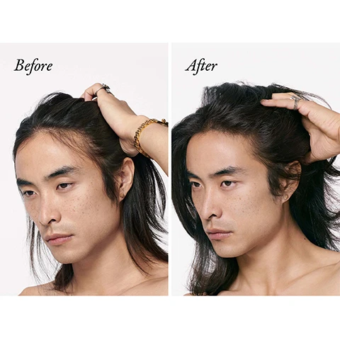 Image 1 - A side-by-side image comparison showing a man with long hair, labeled Before on the left and After on the right, with noticeable differences in hairstyle and appearance.
Image 2 - Image showing a woman with gray hair styled in two different ways: on the left labeled Before, she holds her hair back with one hand, and on the right labeled After, she has a more polished hairstyle, also holding her hair with one hand.
Image 3 - Image shows a side-by-side comparison of a woman before and after a cosmetic treatment, with the labels Before on the left and After on the right.
Image 4 - A creamy liquid with bubbles is shown in the background, with text describing Capixyl, Redensyl, and Pea Sprout Extract benefits for hair health: Capixyl™ (Biomimetic Peptide combined with Red Clover Extract) fortifies the scalp to promote fuller, thicker, healthier looking hair; Redensyl™ increases fullness and reduces shedding while preserving hair integrity; Pea Sprout Extract rich in phytonutrients, replenishes brittle hair while increasing density for fuller, thicker strands.