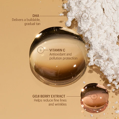 Image 1 - Two liquid drops, one golden and one rose-colored, are shown against a beige background with a scattering of white powder, labeled with the ingredients DHA, Vitamin C, and Goji Berry Extract along with their benefits: DHA delivers a buildable tan, Vitamin C provides antioxidant protection, and Goji Berry Extract helps reduce fine lines and wrinkles.
Image 2 - A side-by-side comparison of a woman’s face showing significant skin changes, labeled BEFORE on the top and AFTER 8 HOURS on the bottom, with visible freckles and a smooth complexion in the after image.
Image 3 - Image shows a side-by-side comparison of a womans face with visible freckles; the top half labeled BEFORE shows her with a more tired appearance, while the bottom half labeled AFTER 8 HOURS shows a refreshed look. The text at the top states REAL PEOPLE. REAL RESULTS.
Image 4 - A smooth, white cream is shown in two separate applications with text overlay stating protect and build a gradual tan with sunless self-tanner and switch to the one SPF 50 once desired tan is reached.
Image 5 - Image shows a creamy white lotion with a textured surface swirling over a brown background, accompanied by text that reads TEXTURE A lightweight, layerable lotion that gives instant glow.
Image 6 - A brown bottle labeled SUNLESS TAN SPF 50 DAILY SELF-TANNER is positioned next to a black tube labeled THE ONE SPF 50 INVISIBLE SUNSCREEN GEL, both with text about ingredients and usage.
Image 7 - An arrangement of skincare products for a sunless tanning routine, including a hydrating cleanser, a probiotic treatment mist, a brightening serum, a daily self-tanner, and an invisible sunscreen gel, with steps numbered from 01 to 06, and the header THE SUNLESS TAN ROUTINE.
