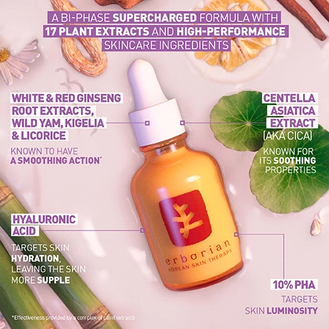 Image 1 - An Erborian skincare bottle is shown surrounded by plant ingredients with text that reads A BI-PHASE SUPERCHARGED FORMULA WITH 17 PLANT EXTRACTS AND HIGH-PERFORMANCE SKINCARE INGREDIENTS WHITE & RED GINSENG ROOT EXTRACTS, WILD YAM, KIGELIA & LICORICE KNOWN TO HAVE A SMOOTHING ACTION* *Effectiveness provided by a complex of plant extracts HYALURONIC ACID TARGETS SKIN HYDRATION, LEAVING THE SKIN MORE SUPPLE CENTELLA ASIATICA EXTRACT (AKA CICA) KNOWN FOR ITS SOOTHING PROPERTIES 10% PHA TARGETS SKIN LUMINOSITY erborian KOREAN SKIN THERAPY. Image 2 - A woman applies Erborian Korean Skin Therapy serum from a dropper to her face while holding the bottle. Text reads Multi-Perfecting Night Serum VISIBLE RESULTS FROM THE 1ST NIGHT CLINICALLY EFFECTIVE ITS NOT A DREAM ITS KOREAN SKINCARE. Image 3 - Three Erborian skincare products, two serums and an eye balm, are shown on clouds against a sunset background with text that reads KOREAN SKINCARE MULTI-PERFECTING FORMULA WITH VISIBLE RESULTS FROM THE 1ST NIGHT SKIN THERAPY BI-PHASE NIGHT OIL-SERUM Oil-serum texture SKIN THERAPY EYE Balm texture SKIN THERAPY MILKY MULTI-PERFECTING NIGHT SERUM Milky texture. Image 4 - A woman holds a small bottle with a dropper and the text reads FORMULATED WITH KOREAN GINSENG COMPLEX AS EFFECTIVE AS RETINOL (1) (1) Comparative test 2% Ginseng complex and 1% Retinol ex vivo test on skin explants after 72 hours. Erborian KOREAN SKIN THERAPY. Image 5 - Image shows four skincare products with numbered labels and descriptions for a Korean Night Routine KOREAN NIGHT ROUTINE 1 CENTELLA CLEANSING OIL Ultra fine cleansing oil, removes makeup including Waterproof and impurities while maintaining the skins natural hydration 2 CENTELLA CLEANSING GEL Silky gel texture, cleanses the skin, leaving it feeling perfectly clean and soothed. Cleansing Gel helps to rid the skin of impurities without making it feel tight. 3 SKIN THERAPY MILKY MULTI-PERFECTING NIGHT SERUM Bi-phase milky night serum, targets 7 key aspects of the skin with visible results after just one night 4 SKIN THERAPY EYE Multi-perfecting eye cream, visibly transform the look of your eye area overnight. Image 6 - Image shows a red serum bottle and an orange-yellow serum bottle with droppers with text reading SAME BENEFITS, DIFFERENT TEXTURES, SKIN THERAPY MILKY MULTI-PERFECTING NIGHT SERUM Lightweight milky texture For all skin types, even combination and oily, SKIN THERAPY BI-PHASE NIGHT OIL-SERUM Nourishing Oil-serum texture For all skin types, 7 BENEFITS, and 17 SUPER INGREDIENTS. Image 7 - Womans face and neck with a hand holding an orange dropper bottle, with text overlay reading VISIBLE RESULTS FROM THE 1ST NIGHT, 97% AGREE THAT SKINS TEXTURE IS SMOTHER* AFTER 28 NIGHTS, CLINICALLY EFFECTIVE: -33% VISIBLE REDUCTION IN APPEARANCE OF FINE LINES & WRINKLES** erborian HERBAGE SKIN THERAPY *Consumer test on 31 volunteers **Clinical scoring on 31 volunteers Image 8 - Close-up comparison photo of skin near the nose and mouth before and after using a product, showing visible text BEFORE, AFTER, Clinically tested to improve luminosity after 28 days*, and *Unretouched photo taken during clinical test on 31 volunteers after 28 days. Image 9 - A bottle of Erborian serum floats in a cloudy sky next to the text LIGHTWEIGHT MILKY NIGHT SERUM TO TARGET 7 KEY ASPECTS OF THE SKIN which lists 7 benefits: 1 Appearance of wrinkles and fine lines, 2 Texture, 3 Evenness, 4 Luminosity, 5 Plumped appearance, 6 Nourishment, 7 Suppleness, with erborian KOREAN SKIN THERAPY visible on the bottle.