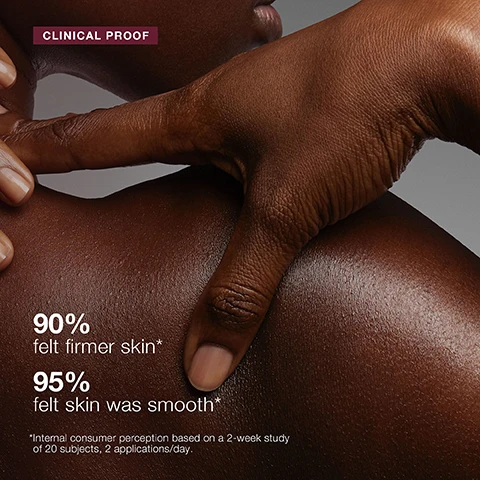 Image 1 - Close-up of a hand touching dark-toned, smooth skin, with text overlay that reads: CLINICAL PROOF, 90% felt firmer skin*, 95% felt skin was smooth*, and *Internal consumer perception based on a 2-week study of 20 subjects, 2 applications/day. Image 2 - The image displays a side-by-side comparison of a persons knee, with the left showing wrinkled skin labeled before and the right showing visibly smoother skin labeled after, alongside the text CLINICAL PROOF 90% experienced immediate tightening after 1 use* and the disclaimer *Internal consumer perception based on a 2-week study of 20 subjects, 2 applications/day. Image 3 - A before and after image comparison displays a womans arm showing significant reduction in skin laxity and increased firmness, with visible text reading CLINICAL PROOF, before, after 7 days, and *Internal consumer perception based on a 2-week study of 20 subjects, 2 applications/day. Image 4 - A close-up of a persons torso, with a hand dispensing white lotion from a pump bottle onto their belly, accompanied by text that reads HOW TO USE, apply to target areas, massaging in upward strokes, use daily, morning + night, and four icons illustrating target areas: neck + chest, arms, stomach + flanks, and knees. Image 5 - The image titled Maximize Results daily body sculpting routine on a dark red background features two Dermalogica products separated by a white vertical line; the left side shows a white bottle of Dermalogica daily microfoliant brightening rice-based powder exfoliant, poudre exfoliante illuminatrice à base de riz, NET WT US 2.6 OZ 74 g e, positioned above the text exfoliate; the right side displays a grey bottle of Dermalogica dynamic skin sculptor toning + tightening body serum, sérum corporel tonifiant + raffermissant, 5.1 US FL OZ / 150 mL e, with the text treat below. Image 6 - A dark grey bottle of Dermalogica Dynamic Skin Sculptor with a red pump top is displayed on a dark red background, with accompanying text including 2+ month supply (60 est. uses), 5.1 oz standard, and *Calculations based on 1x use per day, if used as directed, while the bottle itself labels the product as dermalogica professional-grade skin care by The International Dermal Institute, dynamic skin sculptor, toning + tightening body serum, sérum corporel tonifiant + raffermissant, 5.1 US FL OZ / 150 mL e.