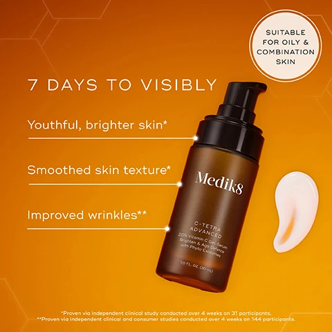 Image 1 - A brown pump bottle labeled Medik8 C-Tetra Advanced stands against an orange background, accompanied by text highlighting benefits such as youthful, brighter skin, smoothed skin texture, and improved wrinkles, with a small dollop of cream beside the bottle.
Image 2 - Side-by-side comparison of a womans face showing skin before treatment labeled BEFORE and after 7 days labeled AFTER 7 DAYS, with additional text stating Visibly brighter skin indicating noticeable improvement in brightness and texture.
Image 3 - Image shows a side profile comparison of a cheek before and after treatment; the top section labeled BEFORE displays uneven skin texture, while the bottom section, labeled AFTER 7 DAYS, shows a smoother skin appearance with the text Visibly smoother skin texture on the right.
Image 4 - Image showing two side-by-side comparisons of a forehead area before and after using a skincare product, with the top labeled BEFORE and the bottom labeled AFTER 7 DAYS, indicating visibly improved wrinkles.
Image 5 - A hand holding a dark bottle with a pump dispenser, with a few drops of liquid falling onto the palm, and text next to it highlighting benefits of the product: 20% stabilized vitamin C for powerful skin brightening, phyto exosomes to soothe and support skin barrier, acetyl zingerone to enhance Vitamin C benefits against environmental stressors.
Image 6 - An abstract image depicting glowing golden spheres connected by thin strands, with text describing the benefits of phyto exosomes, including hydrating and anti-inflammatory properties, fast delivery into skin, and richness in proteins, lipids, and messenger molecules to support the skin barrier.
Image 7 - Image showing three skincare serums from Medik8 displayed on an orange background, labeled C-Tetra, C-Tetra Luxe, and C-Tetra Advanced, with descriptions of each serums ingredients, suitable skin types, and results. Visible text includes: FIND THE VITAMIN C FOR YOU, LIGHTWEIGHT OIL, RICH OIL, LIGHTWEIGHT GEL-SERUM, SUITABLE FOR, RESULTS, and additional details about the benefits and ingredients for each product.
Image 8 - Image features a skincare routine with four products displayed against a warm orange background, including a cleanser, treatment, vitamin C, and moisturizer with SPF, with the text YOUR AGE-DEFYING ROUTINE at the top, and the expert advice below: Follow with vitamin A as part of your evening routine to maintain maximum age-defying results.